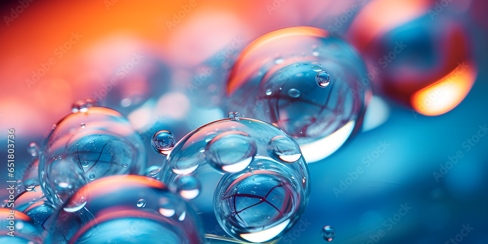 Blue transparent water bubbles molecules and atoms in a facial skin care cosmetic product .Glistening Blue Water Bubbles and Molecules in Skin Care Cosmetic