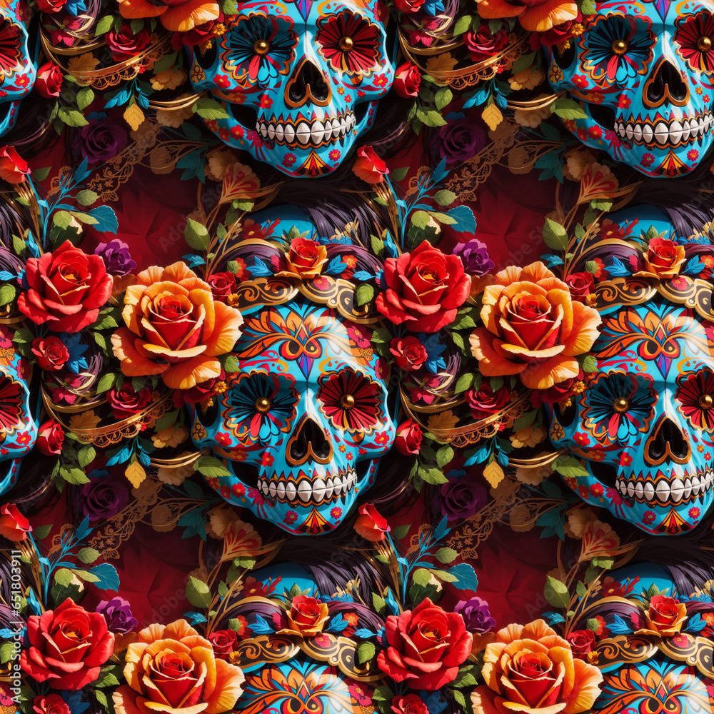 Day of the dead sugar skull pattern. Dia de los muertos print. Mexican tradition festival. Generative AI.