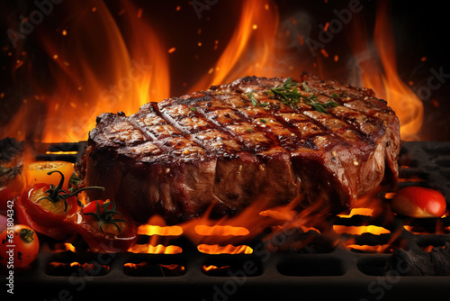 steak cooking on fire with vegetables, bbq grill with flames, cooking juicy delicious beef meat photo