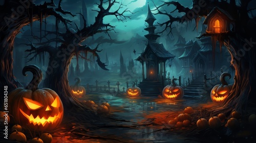 Spooky Halloween illustration of glowing jack-o-lanterns, dead trees, bats in a cemetery or graveyard-like landscape. Generative AI. 