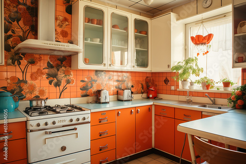 Vintage retro kitchen with orange pattern tiles, american retro kitchen home interior design 70's style photo