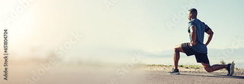Banner, outdoor and man stretching, exercise and lunge with fitness, wellness and activity. Outside, healthy person or athlete with overlay, mockup space and training with warm up, workout and runner