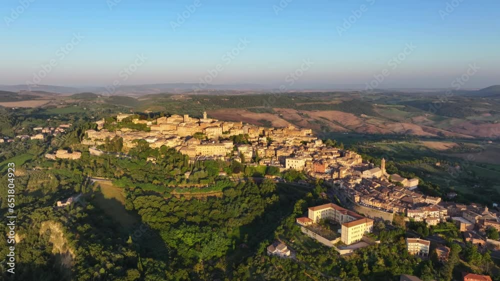 Establishing aerial view shot of the medieval village of Montepulciano, Tuscany, Italy Establishing aerial view shot of the medieval village of Montepulciano, Tuscany, Italy