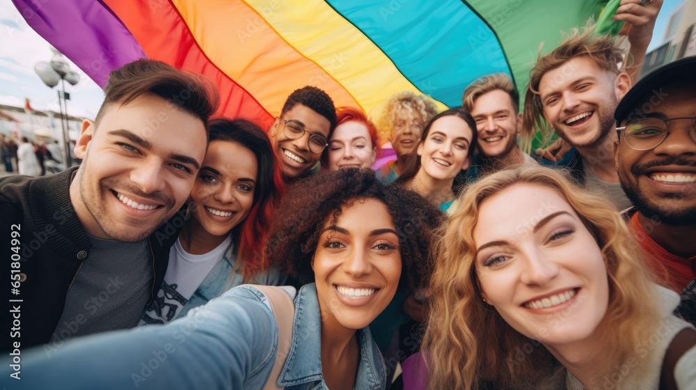 LGBT group selfie, young people celebrating under the rainbow color flag outdoor gathering event. generative ai