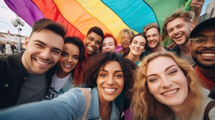 LGBT group selfie, young people celebrating under the rainbow color flag outdoor gathering event. generative ai
