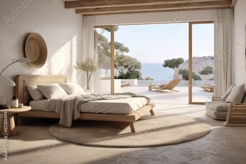 Spanish Modern Serene Retreat: Beige Natural Aesthetic Tranquil, Minimalist Home Interior with Coastal Ocean Views