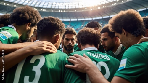 Team huddle, Players with a green jersey, the national football team huddling before the game. generative ai