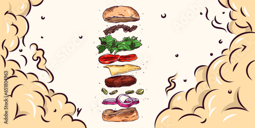 food - vector illustration of a burger, floating burger concept. delicious food design, flying burger