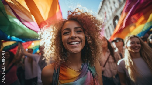 LGBT girl taking a selfie, young people celebrating under the rainbow color flag outdoor gathering event. generative ai