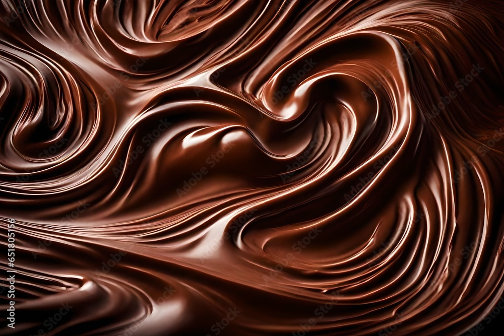 Brown melted chocolate background satin wave, cream melted with chocolate swirl, top view Brown melted chocolate background satin wave, cream melted with chocolate swirl, top view