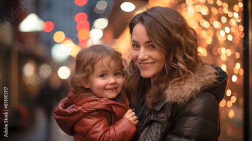 Street Portrait of Mother and Daughter with Bright lights in the background