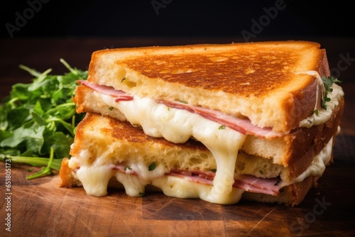 Appetizing Croque Monsieur sliced hot sandwich on a wooden table. generative ai