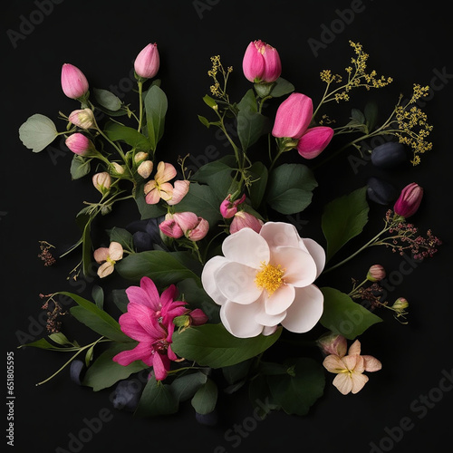 Lovely spring flowers and leaves on a black,blue , white background with negative space