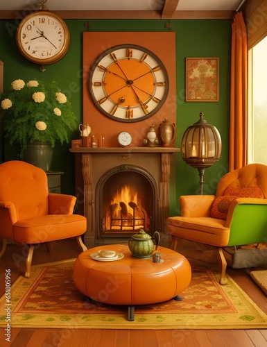1970's style room with fireplace with fire