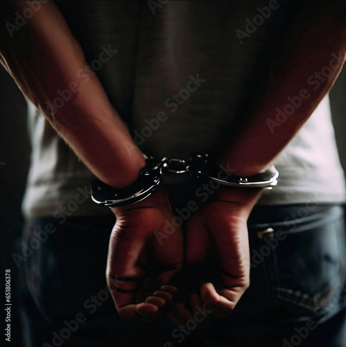 Man with handcuffs locked behind back created with AI
