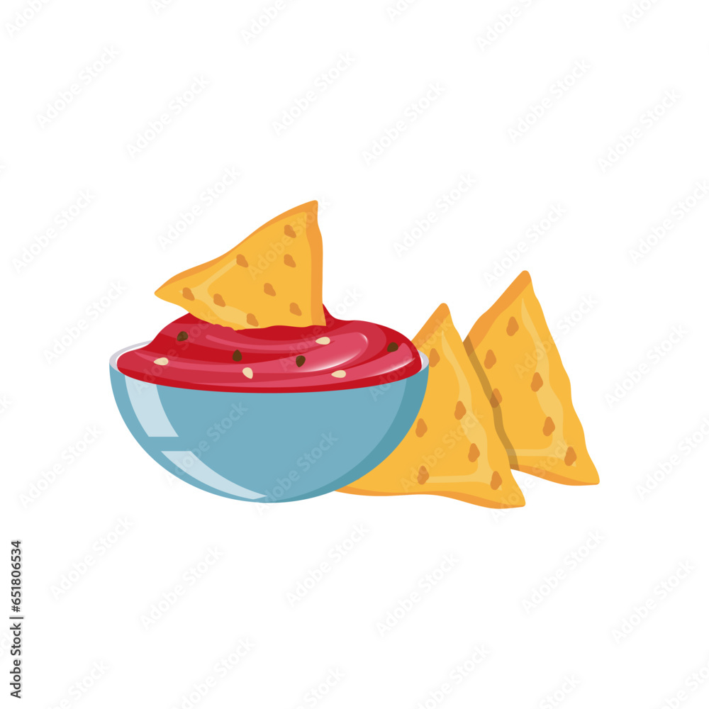 Nachos is dipped in a red sauce. On a white background. Vector illustration