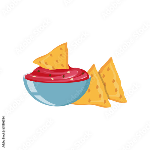 Obraz na płótnie Nachos is dipped in a red sauce. On a white background. Vector illustration w salonie