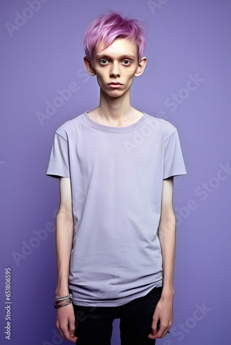 very skinny boy with purple hair and tshirt, isolated on plain studio background photo
