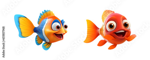 3d cartoon fishes bundle of two isolated on transparent background