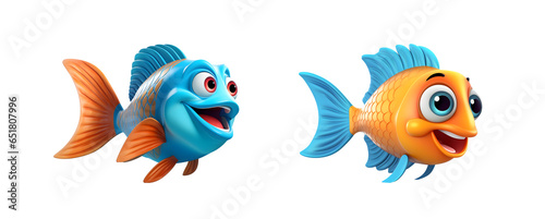 3d cartoon fishes isolated on transparent background