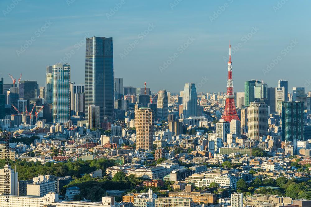 快晴の東京タワーと東京都心の都市風景