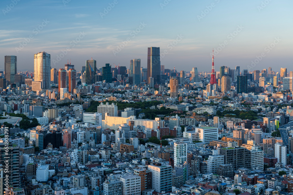 夕暮れの東京タワーと東京都心の都市風景