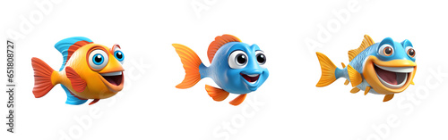 3d cartoon fishes bundle of three isolated on transparent background