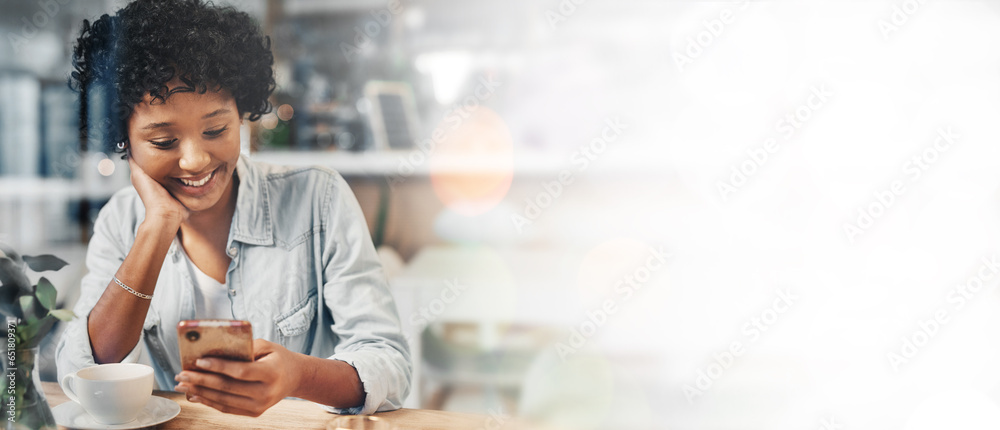 Banner, cafe and happy woman on smartphone, social media and reading email notification. Coffee shop, smile and person on phone for internet search, communication or mobile app on mockup space bokeh - obrazy, fototapety, plakaty 