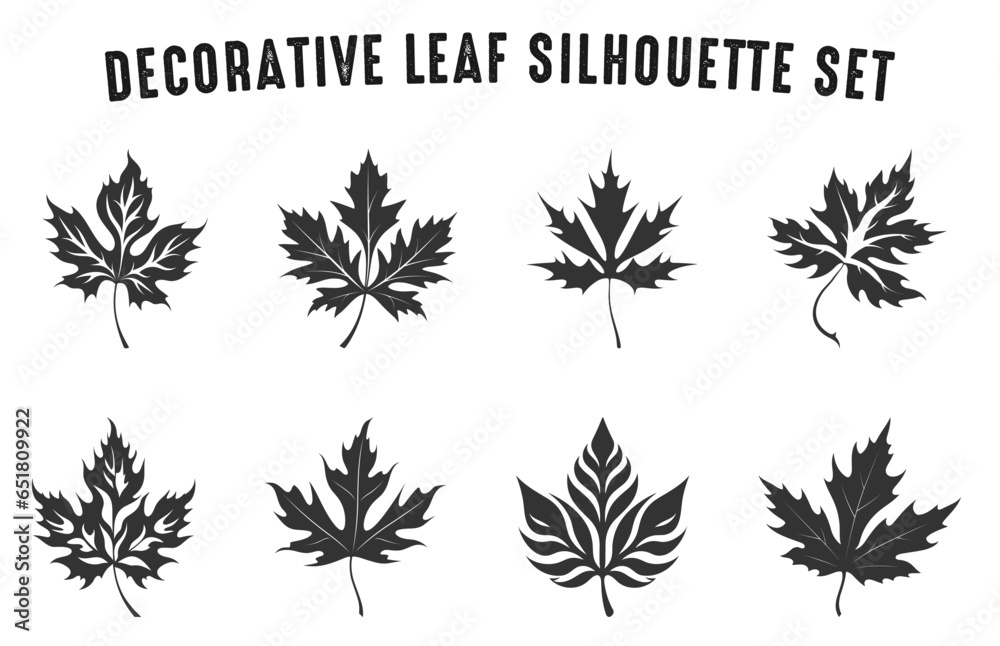 Decorative Leaf silhouettes vector bundle, Set of Decorative leaves silhouette clipart, Various leaves silhouette on an isolated white background
