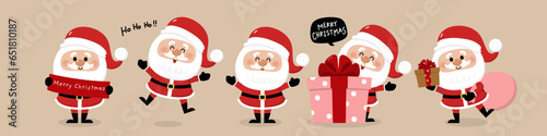 Merry Christmas and happy new year greeting card with cute Santa Claus collection. Holiday cartoon characters set. -Vector
