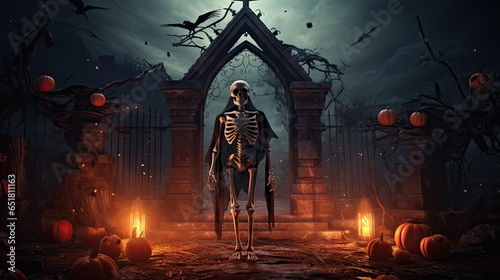 Halloween background. Pumpkins, skeleton, skulls, bats and scary elements. The concept of Halloween, witchcraft and magic.