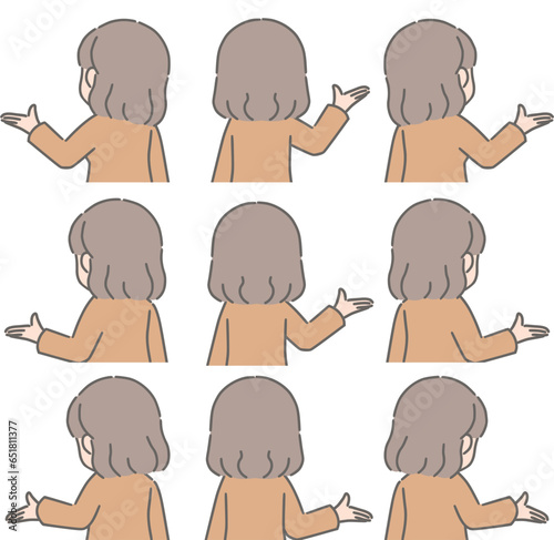 ご案内ポーズをする若い女性（後ろ向き、私服）