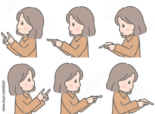 色々な方向を両手で指さす若い女性（横向き、私服）