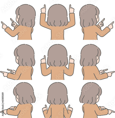 色々な方向を両手で指さす若い女性（後ろ向き、私服）