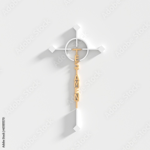 Testament word in the shape of a cross. Christian, religious and church typography concept. Design with christian icon divine. 3D render