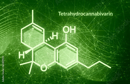 Tetrahydrocannabivarin or THCV molecular structural chemical formula. Futuristic science backdrop. Pharmacology concept photo