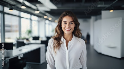 Young smiling European 30s 40s years businesswoman professional standing confident in modern coworking creative office space. Happy business woman looking at camera indoors at work with copy space. Free Download Young smiling European 30s 40s years businesswoman professional standing confident in modern coworking creative office space. Happy business woman looking at camera indoors at work with copy space. - GFXLoad