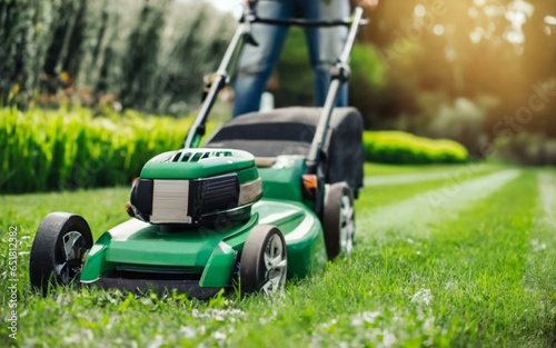 Lawn mower, Garden, Grass cutting, Lawn care, Garden maintenance, Green lawn, Lawn equipment, Outdoor gardening, Landscape maintenance