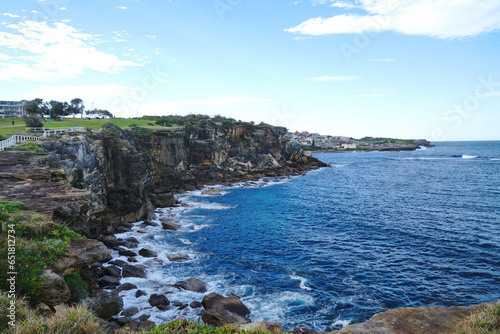 Landscape Lookout nature of cliff with ocean at The Coogee to Bondi Coastal Walk in Sydney NSW Australia - Nature travel track from Coogee. Travel outdoor Jogging  photo