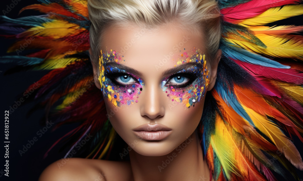 Beauty portrait of a supermodel with bright smokey eye makeup. Beautiful eyes. Feather accessories.