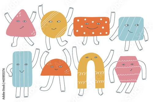 Set Funky Basic Geometric Figures Character. Vector collection Emotions Face Mascot in hand drawn style