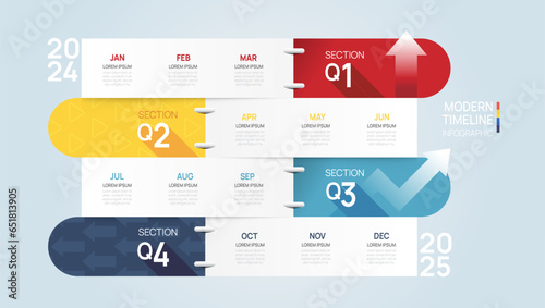 Business road map timeline infographic arrow template. Modern milestone element timeline diagram calendar and 4 quarter topics, vector infographics.