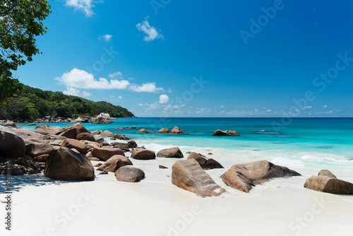 Fascinating boulders and jungle at the beach of the Seychelles.