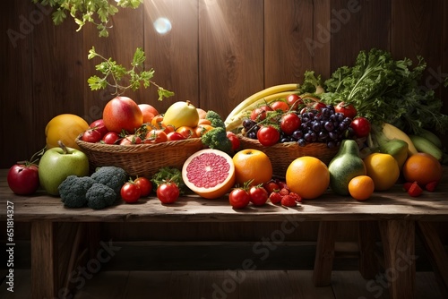 Still life with Fruits and vegetables. Generative AI.