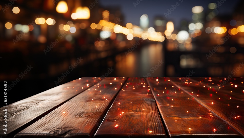 Wooden table in front of night city bokeh lights background