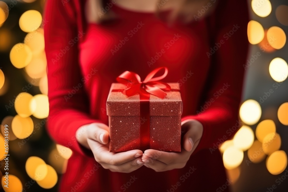 Christmas gift in female hands on a background with Christmas lights. Merry Christmas and happy new year concept. Christmas or New Year's gift box in African American female hands.