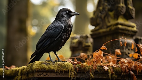 Crow sitting on a grave in a cemetery in the autumn.
