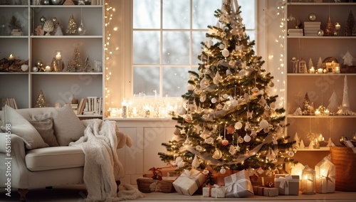 Beautiful Christmas tree with presents and fireplace in living room at home