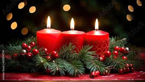 Christmas candles with fir branches  red berries and bokeh background