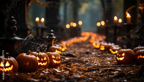 Halloween pumpkins in cemetery with candles and lanterns. photo